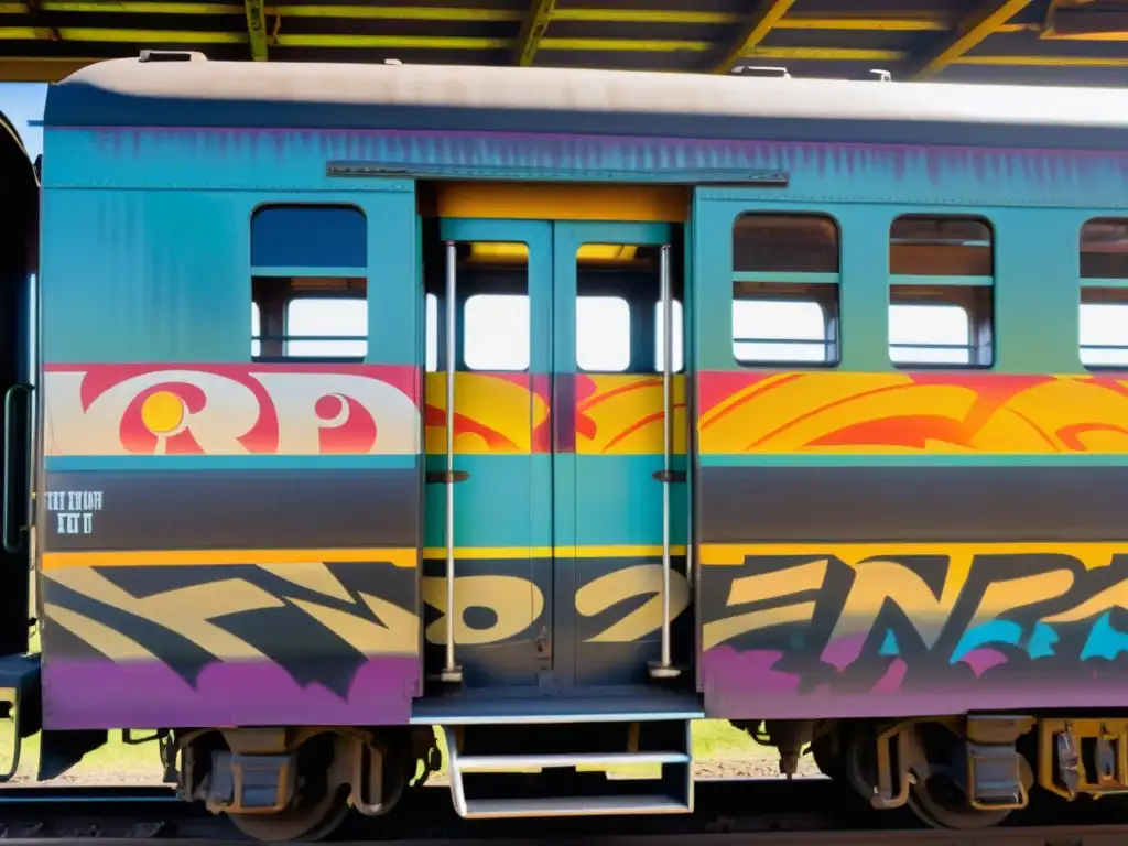 Vagones de tren como museo: Arte vibrante y cultural en vagón antiguo, iluminado por el sol, con grafitis detallados y colores llamativos