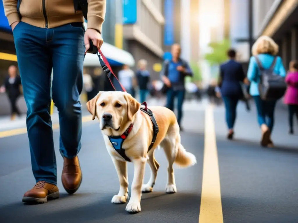 Un valiente perro guía lidera a su dueño por la bulliciosa ciudad, mostrando determinación y confianza en el transporte público