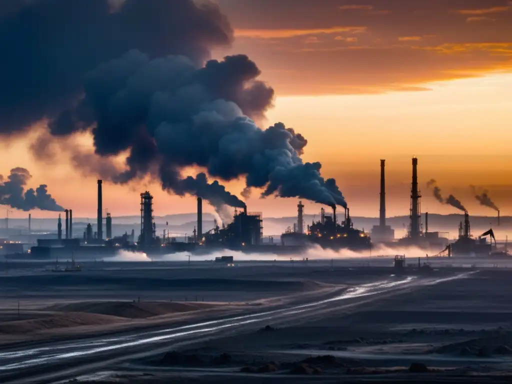 Vasto paisaje industrial con bombas de petróleo en terreno desolado, cielo ahogado en smog