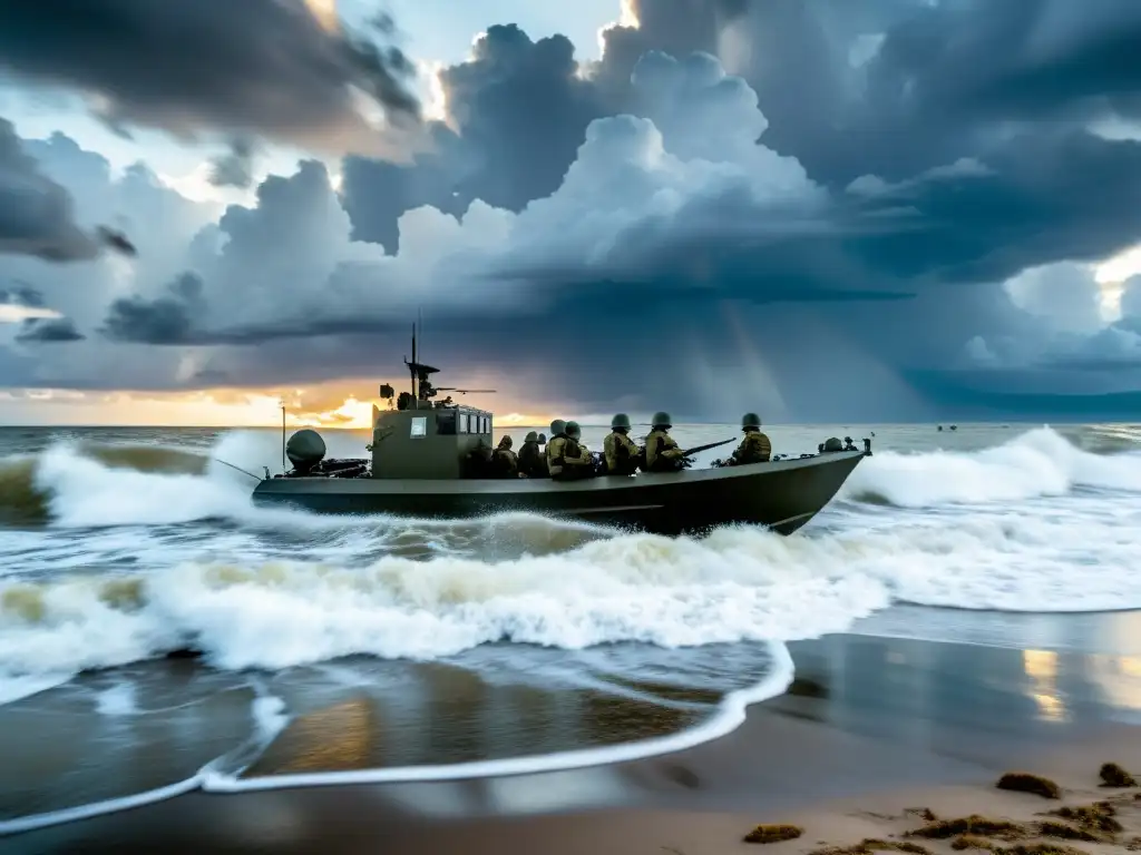 Un vehículo anfibio para operaciones costeras se aproxima a la playa durante la Segunda Guerra Mundial, con soldados tensos a bordo