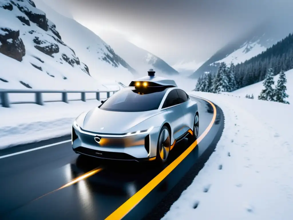 Vehículo autónomo de alta tecnología en paisaje nevado Un vehículo autónomo de alta tecnología atraviesa paisaje nevado, fusionando innovación y logística de temperatura controlada