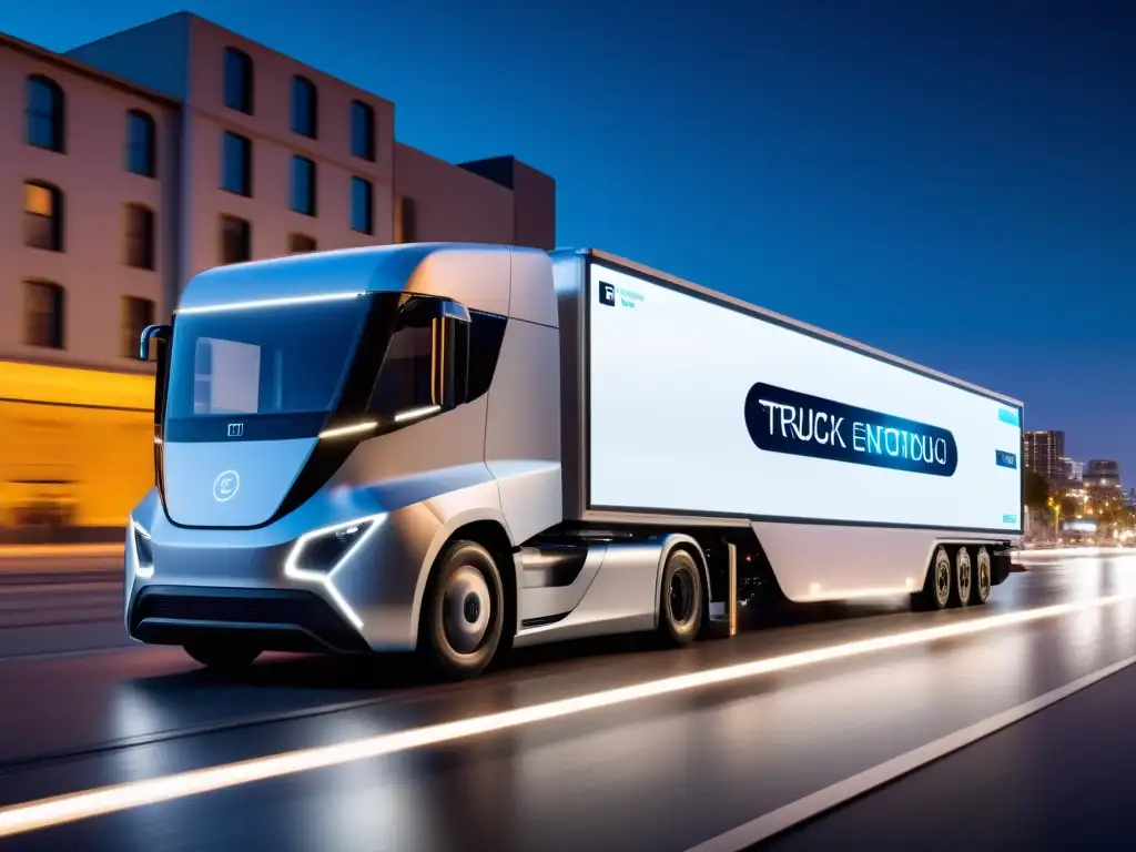 Camión eléctrico autónomo y refrigerado en la ciudad Vehículo autónomo de logística temperatura controlada en la ciudad al anochecer, destacando su diseño futurista y avanzada tecnología