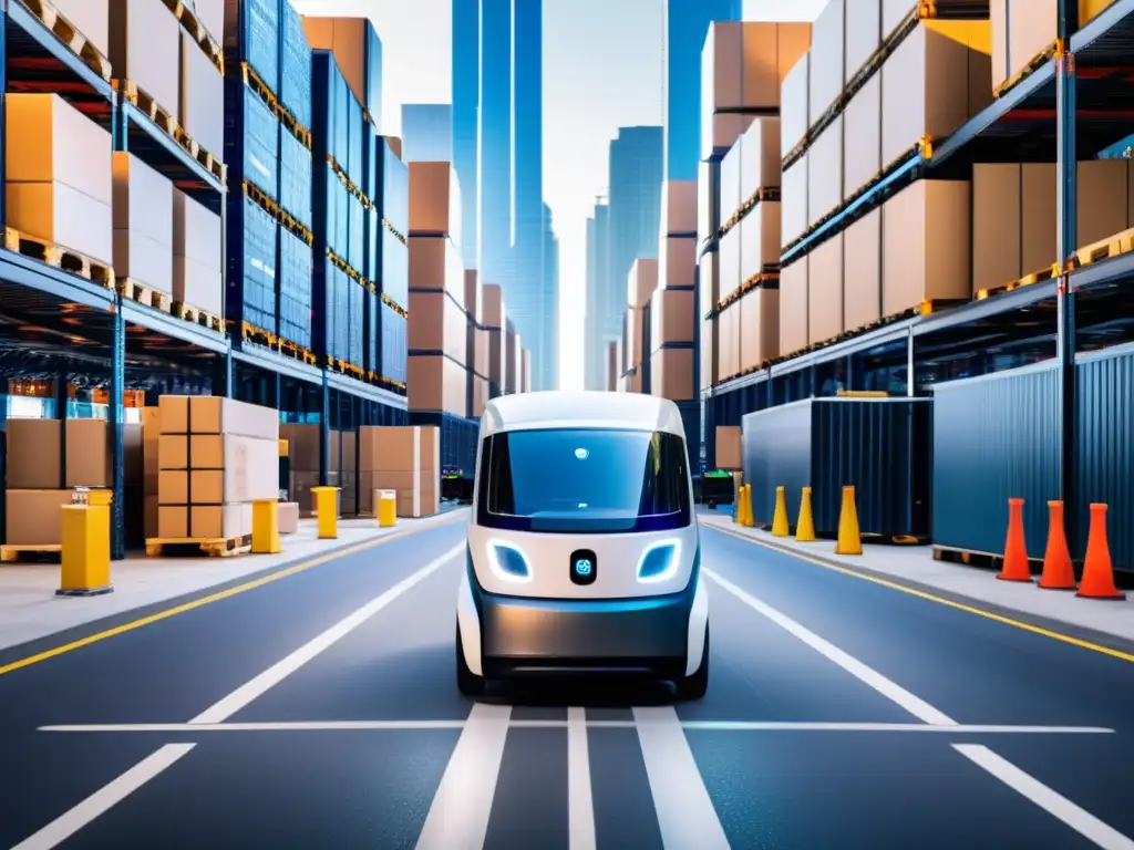 Vehículo Autónomo Refrigerado: Logística Futurista Un vehículo autónomo de logística de temperatura controlada avanza en una bulliciosa calle urbana, mostrando la integración de tecnología IoT y AI