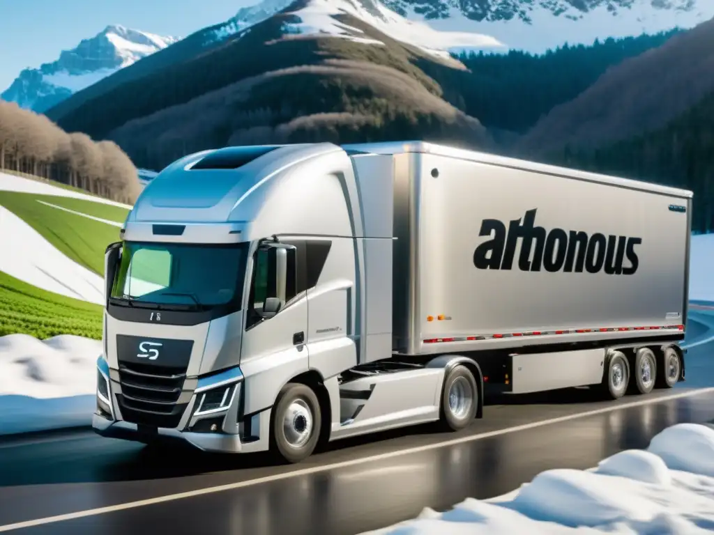 Camión refrigerado autónomo surcando la nieve en las montañas Vehículo autónomo de logística de temperatura controlada surcando una montaña nevada, con carga de productos frescos organizados en su interior