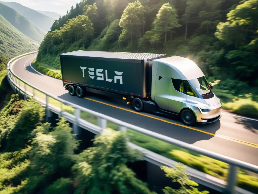 Vehículo autónomo de Tesla transporta productos peligrosos por una carretera montañosa rodeada de exuberante naturaleza