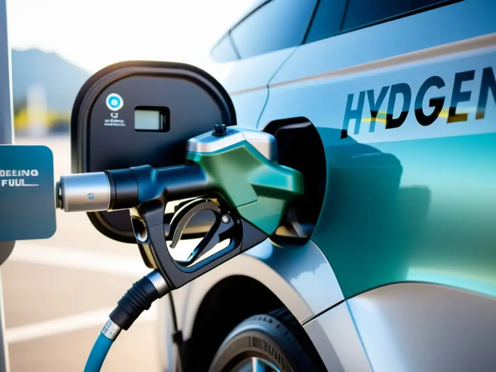 Vehículo de hidrógeno recargando en estación de vanguardia Un vehículo de celda de combustible de hidrógeno se recarga en una estación de vanguardia, destacando el diseño futurista y la tecnología avanzada