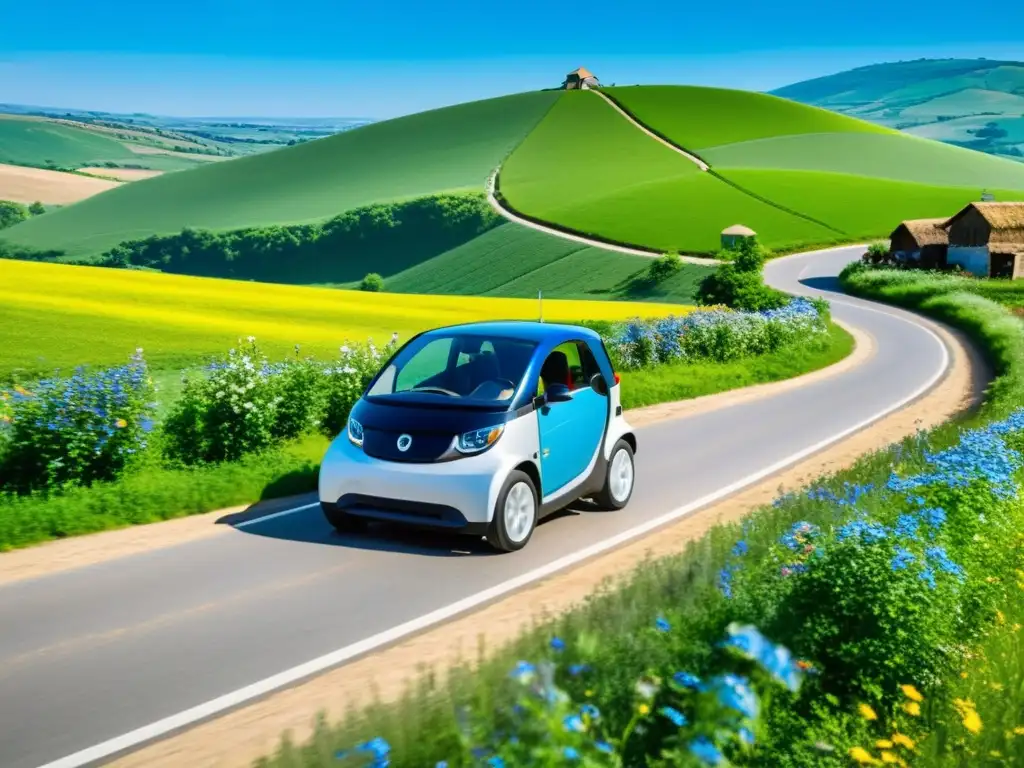 Vehículo eléctrico en camino rural, integrando desarrollo rural vehículos eléctricos en paisaje natural y sostenible