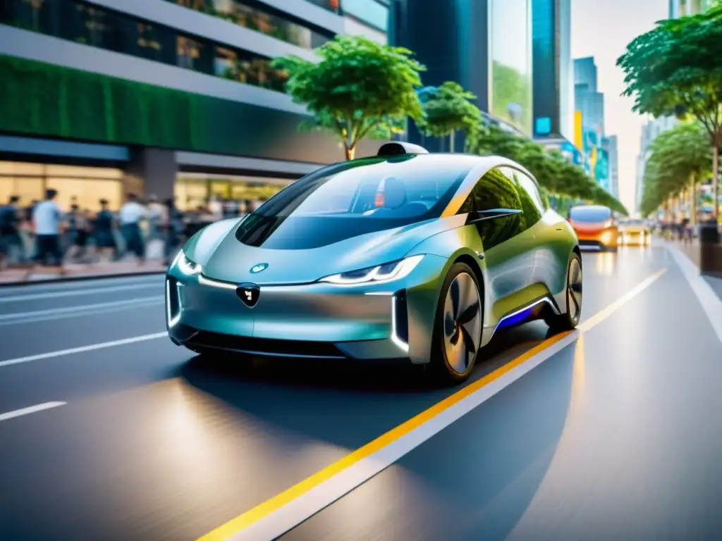 Vehículo eléctrico futurista con IA optimizando tráfico en ciudad sostenible