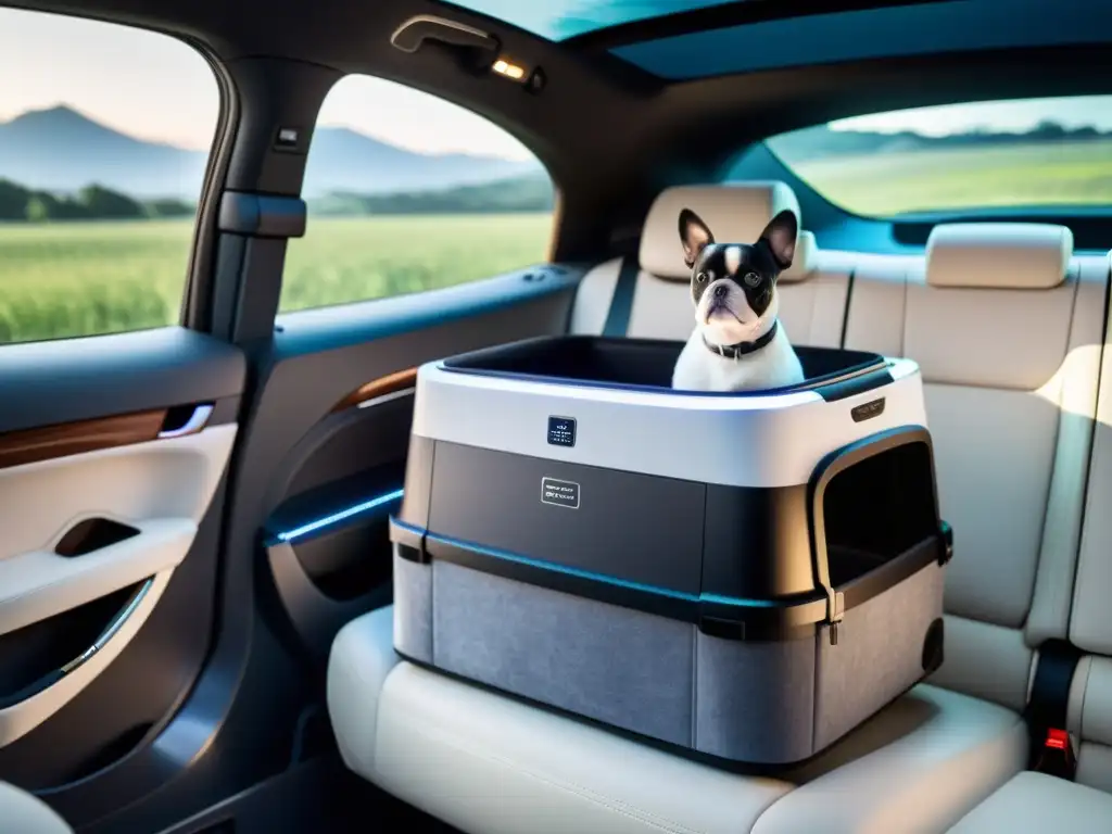 Un vehículo eléctrico futurista con transportador de mascotas integrado y apps de transporte pet-friendly para viajar, iluminado por luz natural