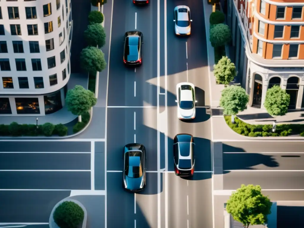 Vehículo eléctrico de lujo en una ciudad moderna, destacando la integración de la conducción autónoma en la vida urbana