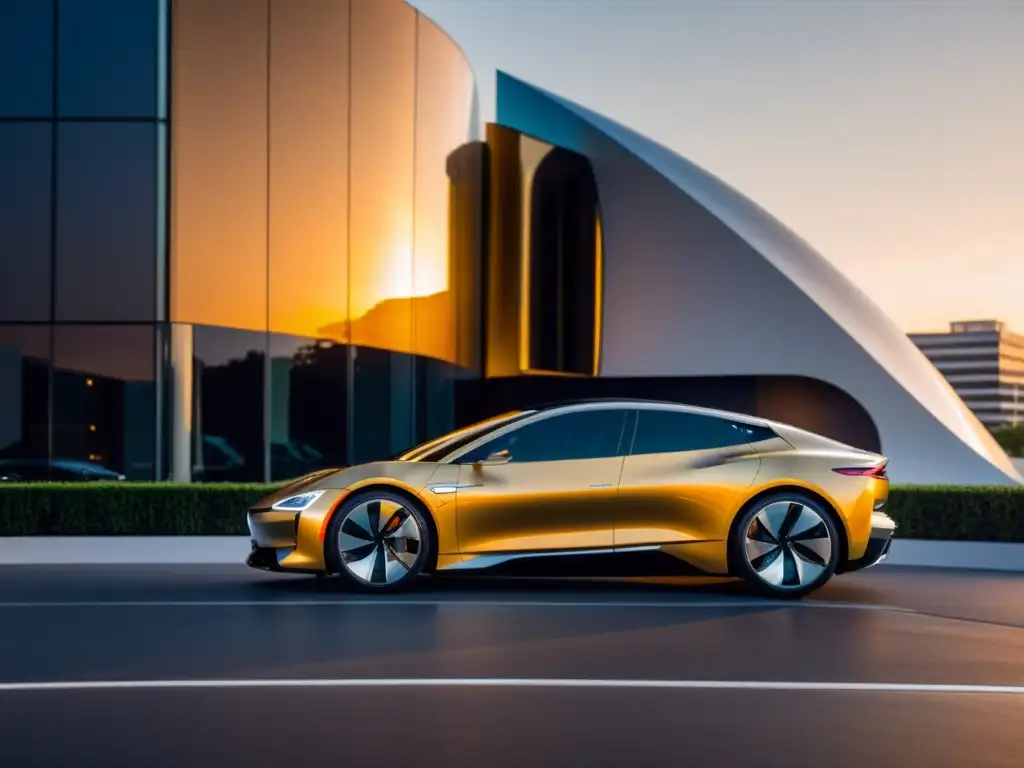 Vehículo eléctrico de lujo frente a edificio moderno al atardecer, reflejando elegancia y tecnología de vanguardia