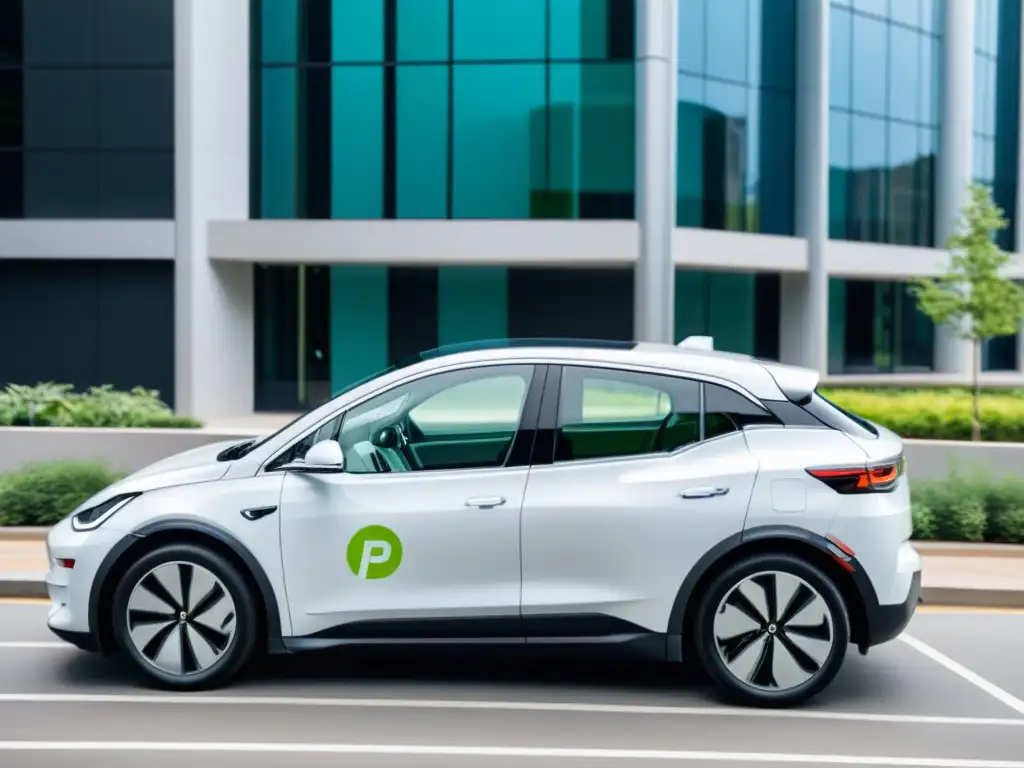 Vehículo eléctrico moderno cargando en estacionamiento corporativo