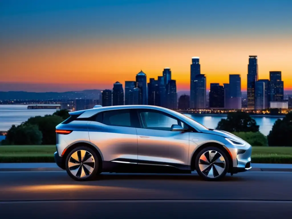 Vehículo eléctrico moderno iluminando la ciudad al anochecer Un vehículo eléctrico moderno iluminado por la ciudad al anochecer, representa normativas eficiencia energética vehículos