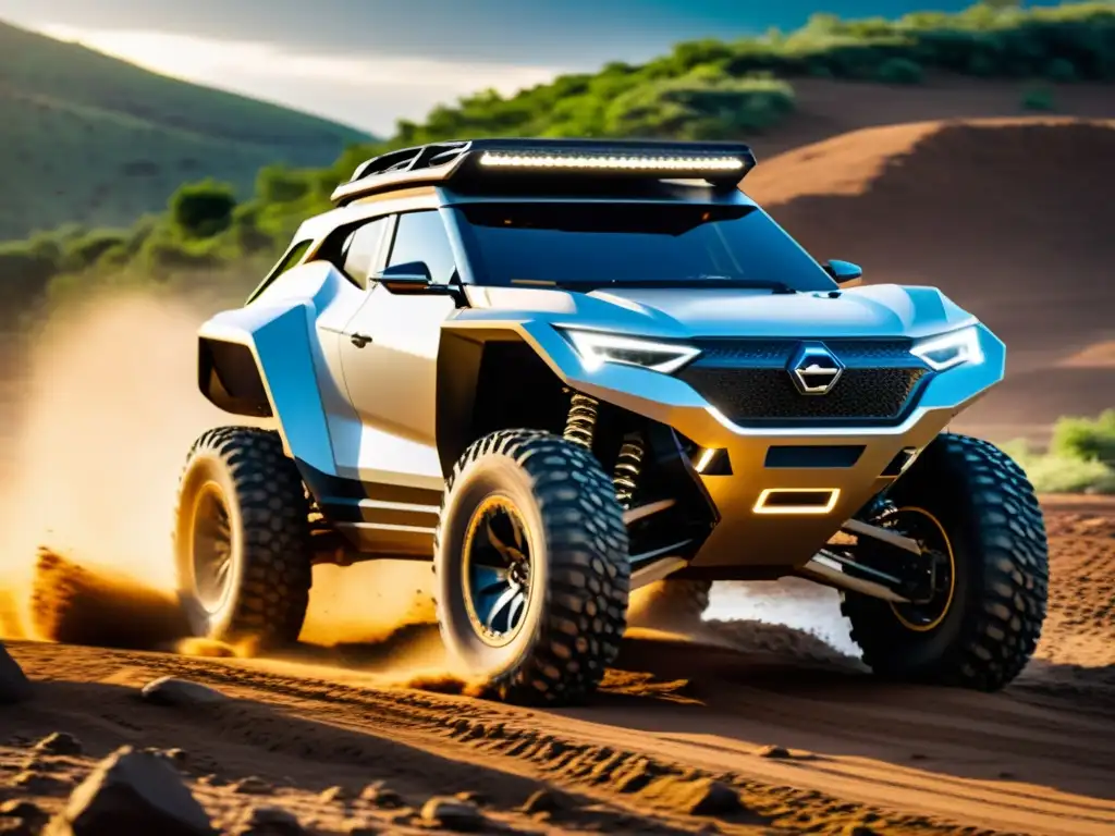 Vehículo eléctrico todoterreno conquistando terrenos desafiantes Un vehículo eléctrico offroad desafiando terrenos difíciles, con barro salpicando, mostrando su poder y sostenibilidad