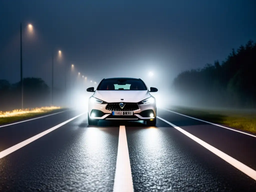 Un vehículo moderno con potentes luces LED cortando la niebla en la noche