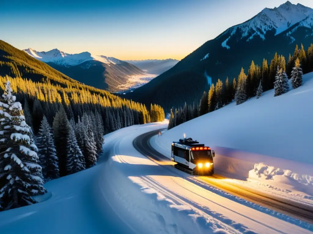 Un vehículo de nieve especializado recorre una sinuosa carretera de montaña nevada hacia una estación de esquí, iluminado por sus luces