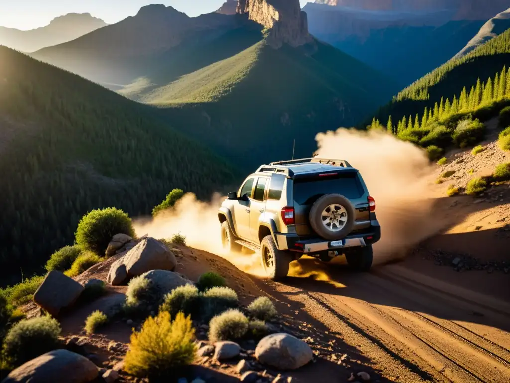 Un vehículo offroad en un sendero montañoso remoto al atardecer, rodeado de naturaleza salvaje