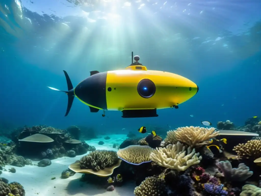 Vehículo autónomo subacuático capturando imágenes de coral y vida marina en aguas cristalinas