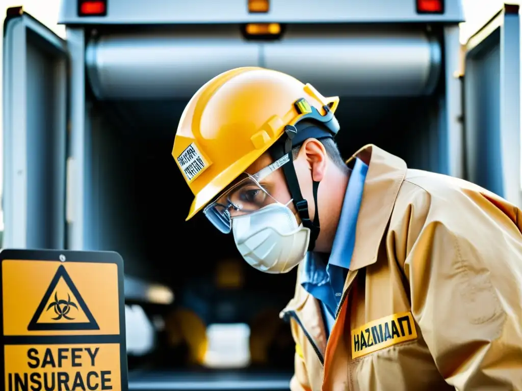 Un vehículo de transporte de materiales peligrosos con el conductor realizando controles de seguridad antes de salir