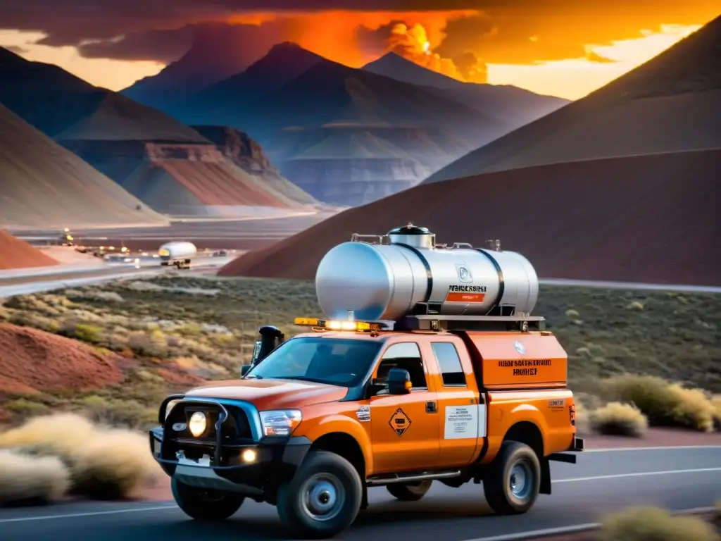 Vehículo de transporte de productos peligrosos en paisaje montañoso al atardecer, simbolizando la conciencia de los riesgos en su transporte