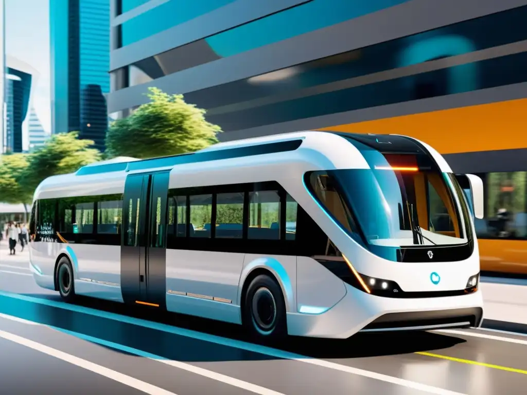 Vehículo de transporte público futurista con innovaciones tecnológicas en transportes, integrando AR en un entorno urbano activo