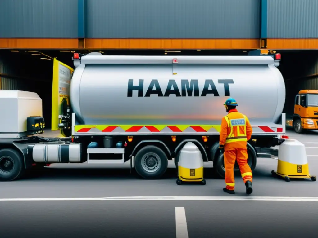 Un vehículo de transporte de sustancias peligrosas con detalles intrincados y señales de advertencia, rodeado de trabajadores en una calle industrial