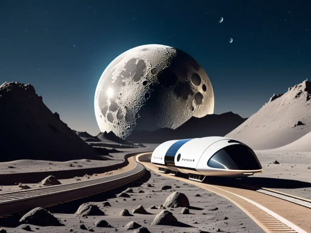 Vehículos de alta tecnología en vías elevadas sobre la superficie lunar, ilustrando el potencial del transporte de alta velocidad en la Luna