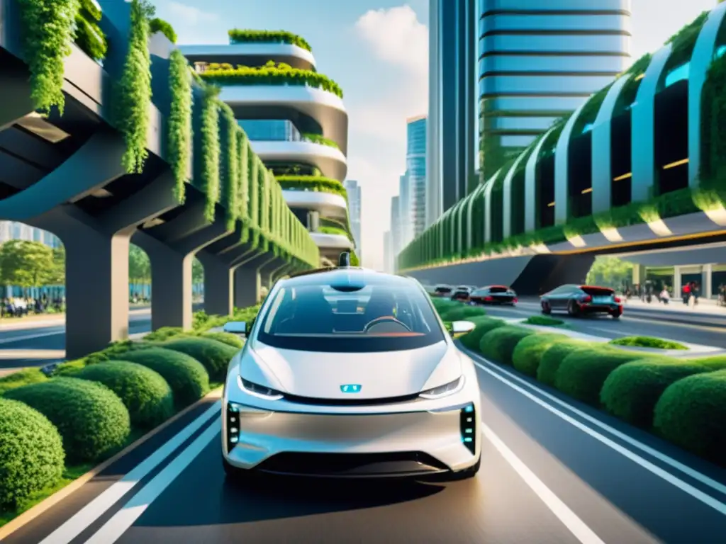 Metrópolis futurista: vehículos autónomos y arquitectura innovadora Vehículos autónomos en una ciudad futurista con diseño urbano y arquitectura innovadora