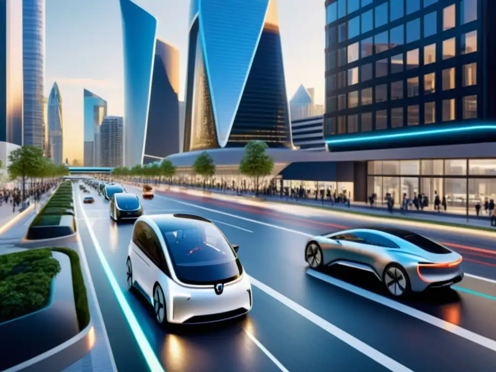 Vehículos autónomos en ciudad futurista Vehículos autónomos y diseño urbano arquitectónico en una bulliciosa calle moderna
