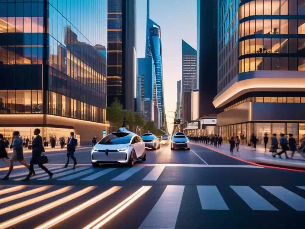 Escena futurista: vehículos autónomos en una ciudad en evolución Vehículos autónomos en diseño urbano, con edificios modernos y peatones cruzando la calle al atardecer