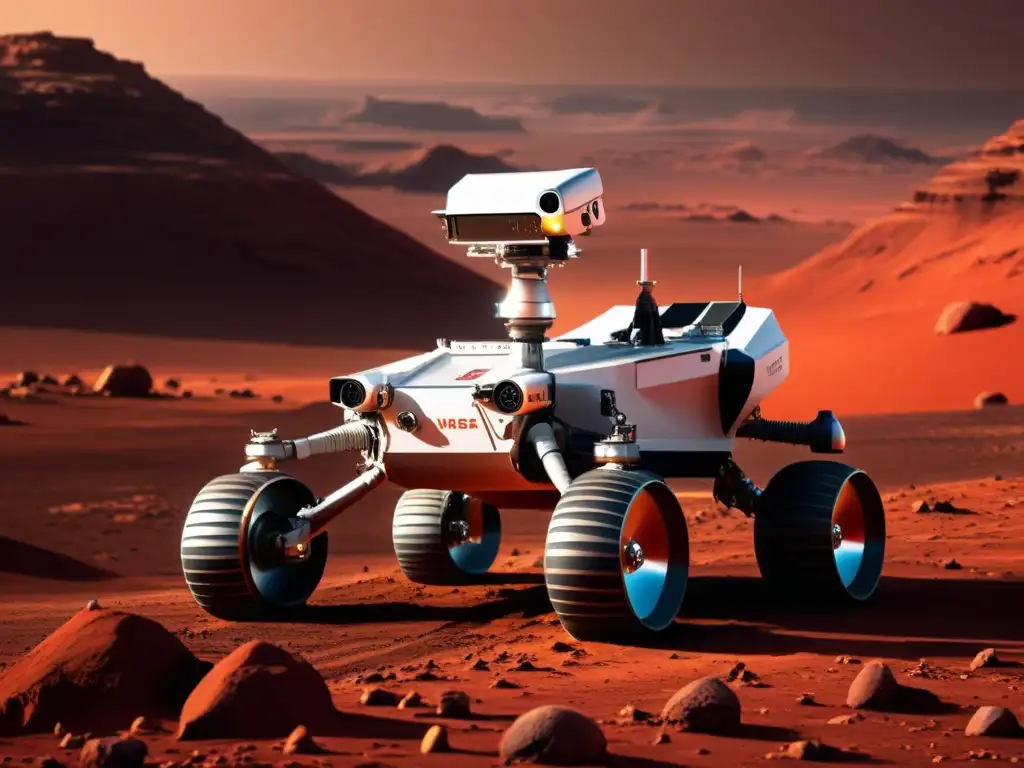 Vehículos autónomos exploración espacial: Rover futurista explorando Marte, terreno rocoso, tecnología de vanguardia en ambiente desafiante