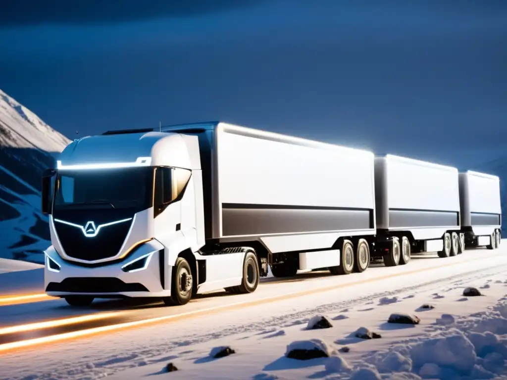 Caravana autónoma de camiones refrigerados en la nieve Vehículos autónomos logística temperatura controlada: Caravana de camiones blancos autónomos en la nieve, con luces futuristas en la oscuridad