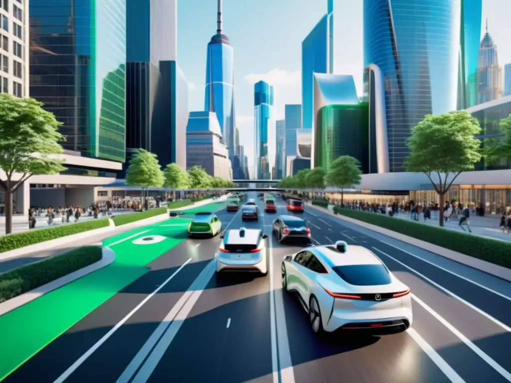 Metropolis del Futuro: Autos Autónomos y Arquitectura Moderna Vehículos autónomos en un paisaje urbano moderno con arquitectura futurista y movimiento eficiente
