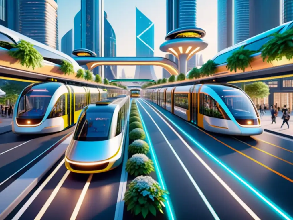 Vehículos autónomos en transporte público futurista: Ciudad futurista con vehículos y arquitectura avanzada, integrando naturaleza y tecnología