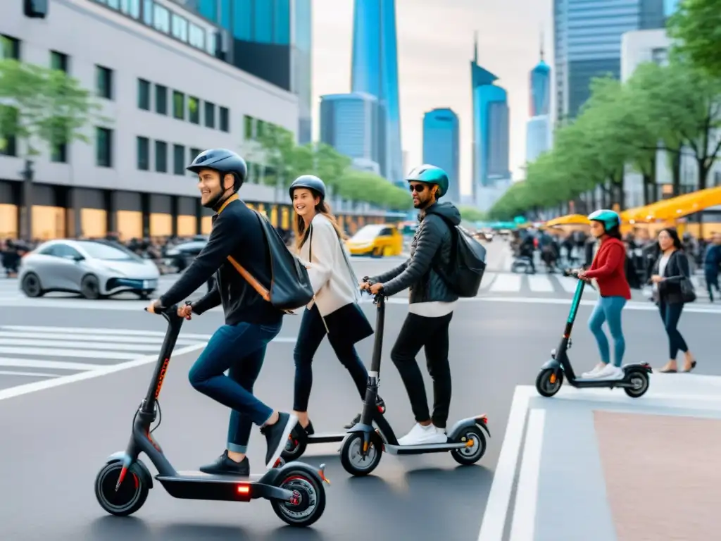 Vehículos autónomos en la microMovilidad urbana: Escena de ciudad bulliciosa con scooters y bicicletas eléctricas modernas entre tráfico