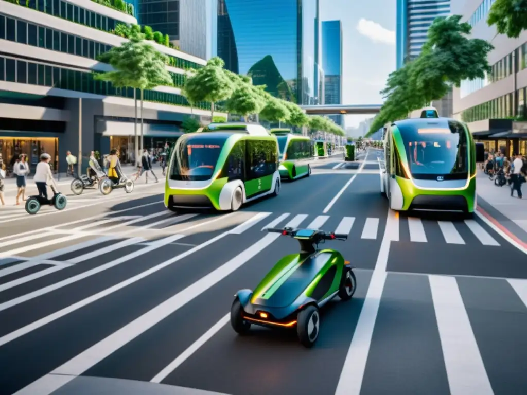 Vehículos autónomos en la microMovilidad urbana: Futurista ciudad llena de scooters y bicicletas eléctricas, con buses y arquitectura moderna