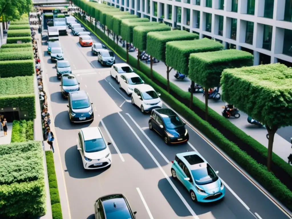 Vehículos de carsharing y ridesharing en una calle urbana moderna con edificios y vegetación