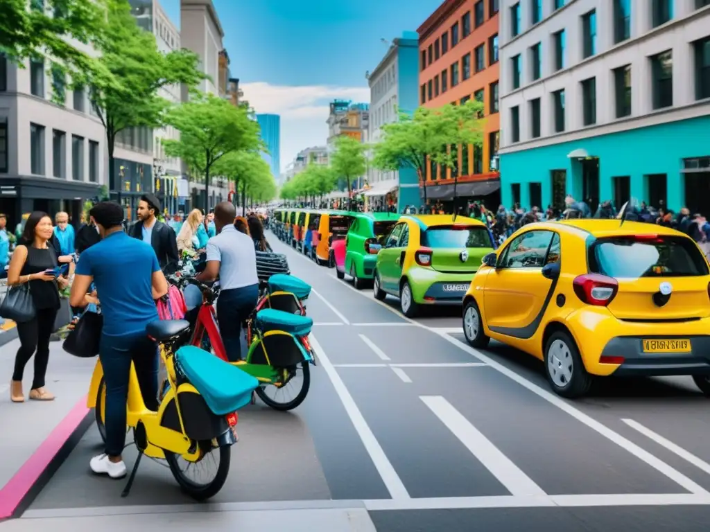 Vehículos de car sharing en una bulliciosa calle urbana, reflejando la psicología de compartir vehículos en la comunidad moderna