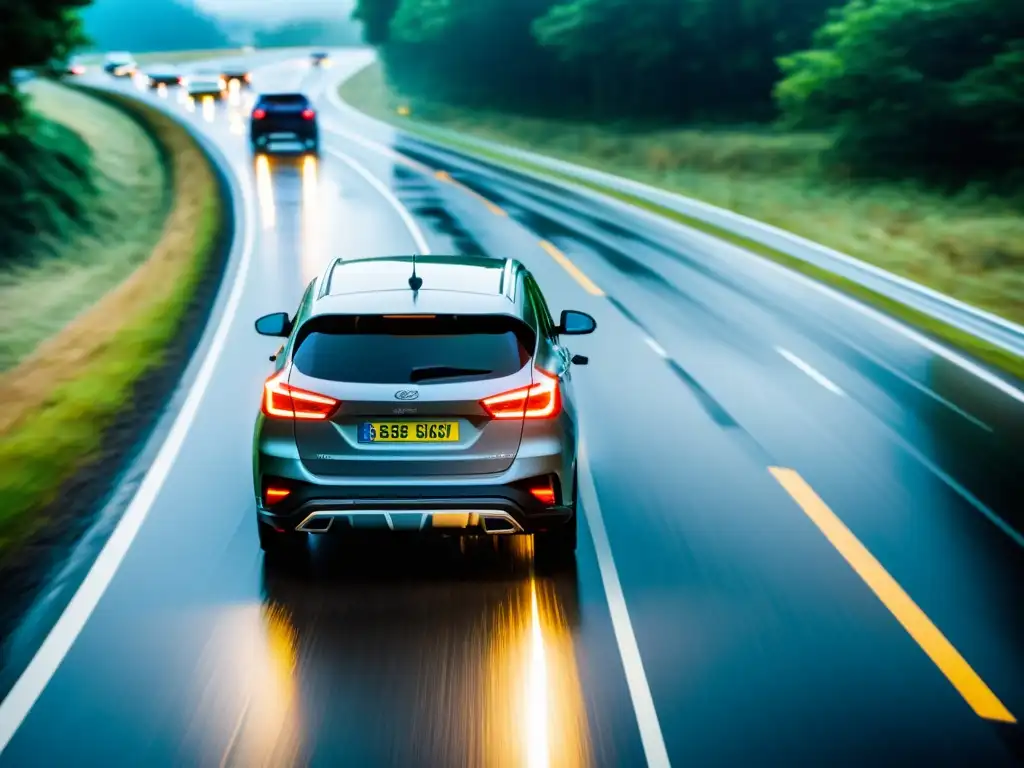 Vehículos en carreteras desafiantes con tecnologías de estabilidad electrónica en acción, transmitiendo seguridad y tecnología avanzada