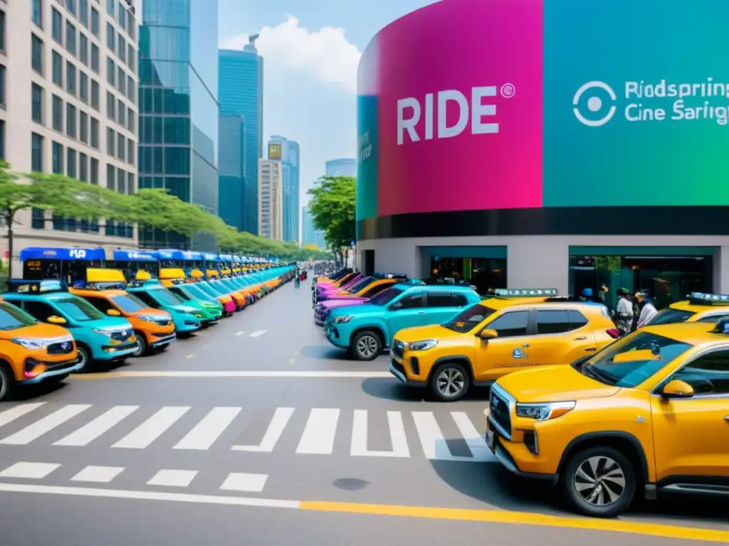 Vehículos de ride sharing esperando en la ciudad durante la pandemia, con pasajeros enmascarados y energía urbana vibrante