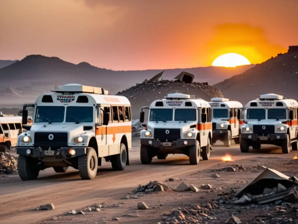 Vehículos civiles en servicio de la guerra: Buses y ambulancias camufladas con escolta militar atraviesan un paisaje devastado al atardecer