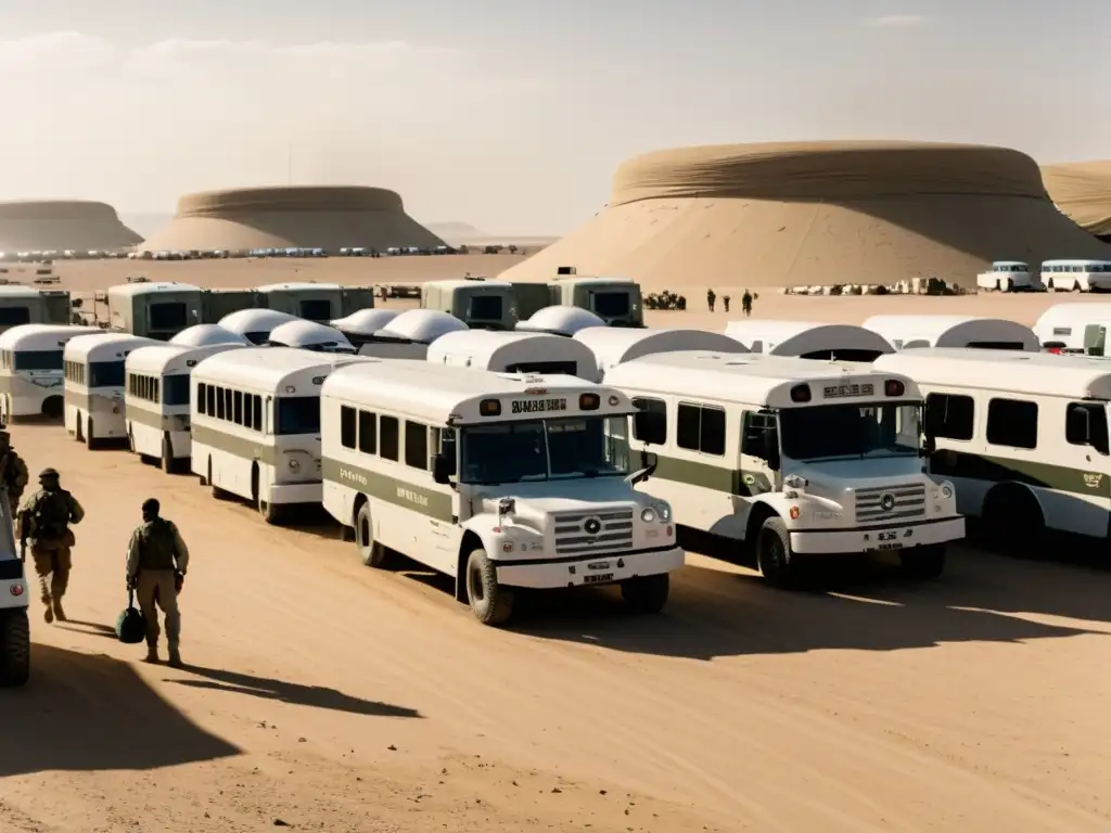 Vehículos civiles en servicio de la guerra: Buses y ambulancias en base militar, soldados y personal médico cargando suministros y pacientes en un paisaje desértico y austero