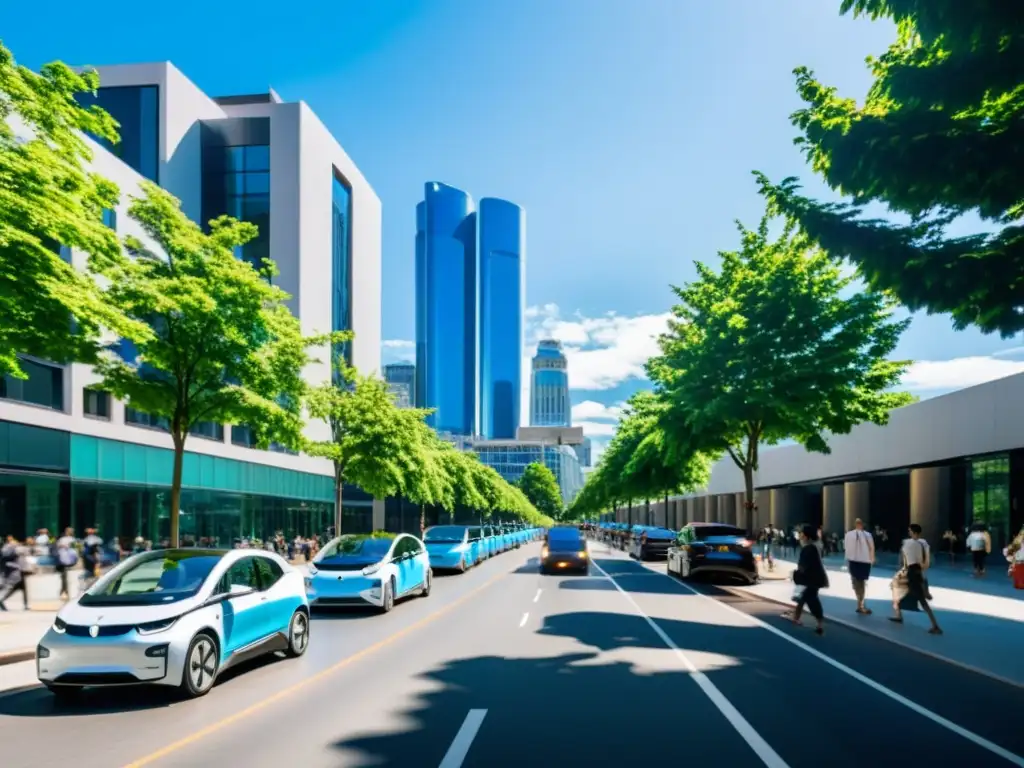 Vehículos eléctricos reduciendo la contaminación urbana en una bulliciosa calle de la ciudad, con personas caminando y árboles verdes