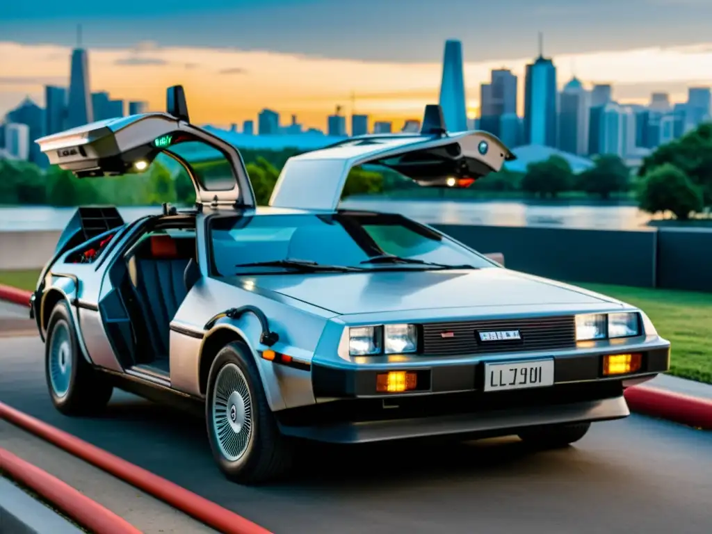 Vehículos eléctricos en la cultura: DeLorean junto a estación de carga y ciudad futurista