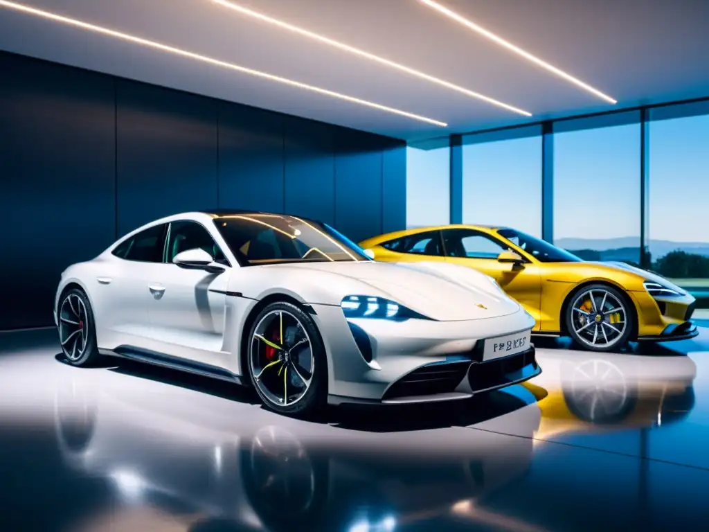 Dos vehículos eléctricos de lujo, Porsche Taycan y Audi e-tron GT, en un elegante showroom