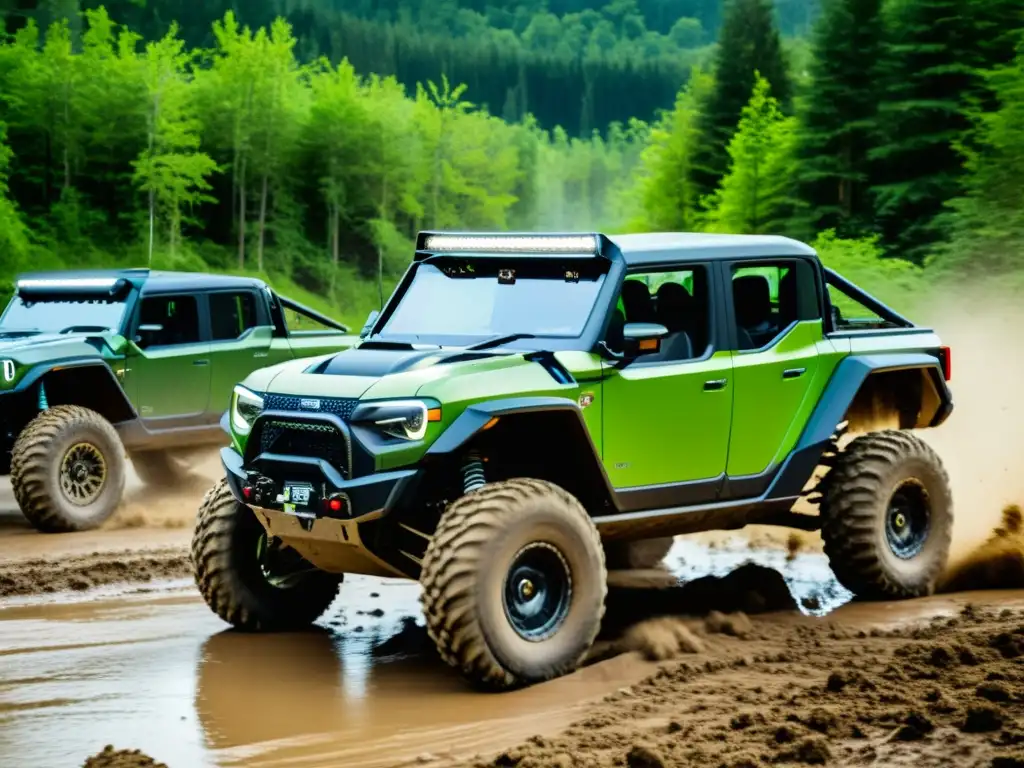 Emoción offroad: Vehículos eléctricos conquistan terreno boscoso Vehículos eléctricos para conducción offroad atravesando terreno lodoso entre densos bosques, con neumáticos levantando barro y escombros