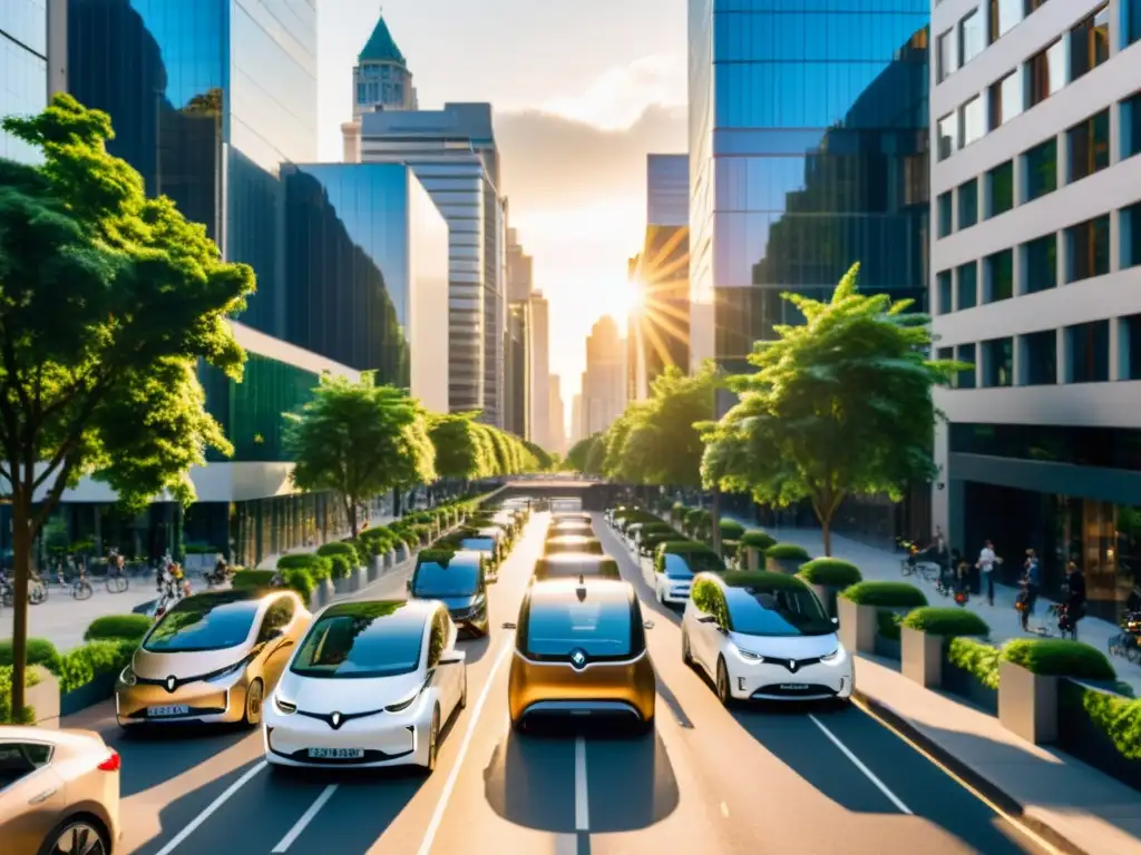 Vehículos eléctricos en la evolución urbana: atardecer dorado ilumina la bulliciosa calle llena de vehículos eléctricos y moderna arquitectura