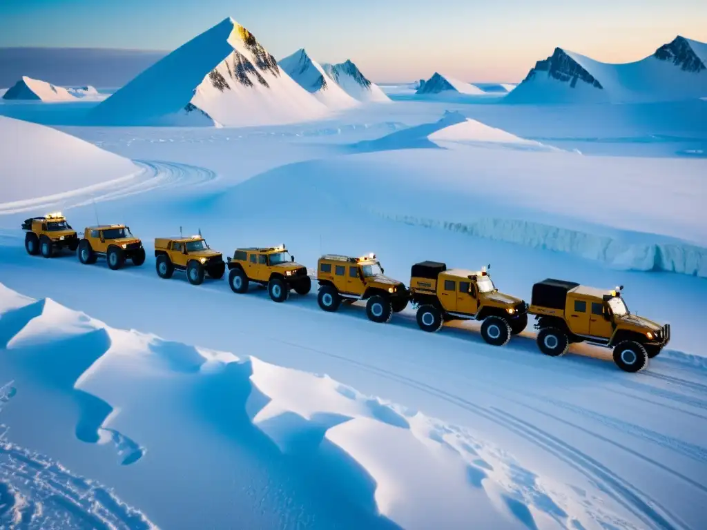 Vehículos para expediciones polares listos para adentrarse en el ártico helado, rodeados de un paisaje nevado y un equipo determinado