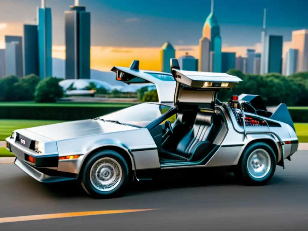 Dos vehículos icónicos representan la evolución del transporte: el DeLorean clásico y un moderno auto eléctrico, ambos en un escenario futurista