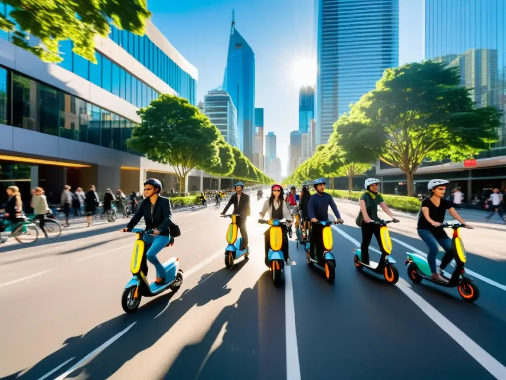 Revolución de vehículos pequeños ecológicos en la bulliciosa ciudad: scooters, bicicletas y peatones bajo el cálido sol, entre rascacielos modernos y árboles frondosos